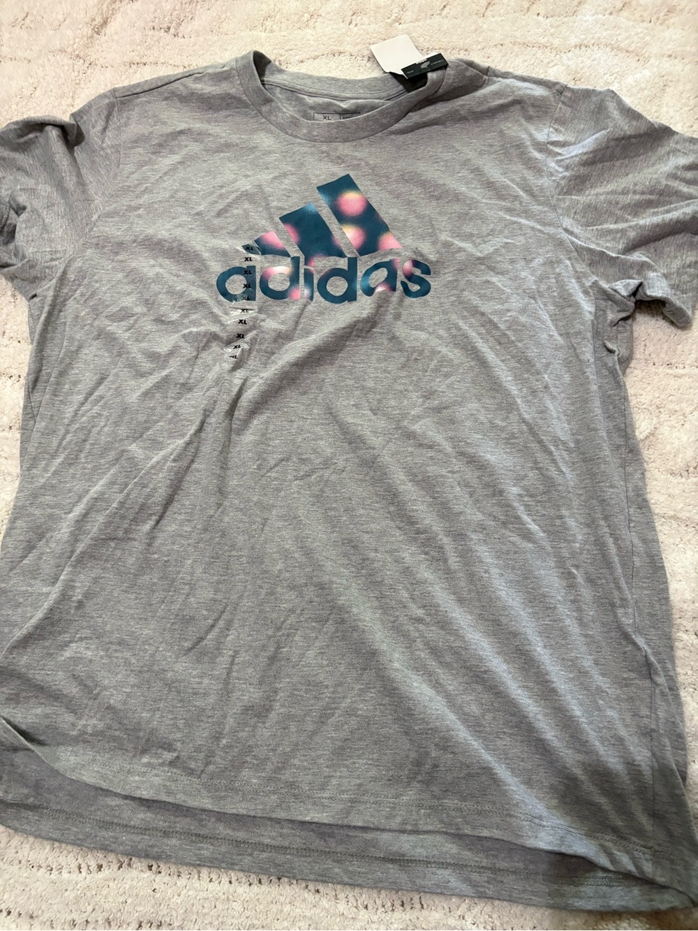 adidas Gray Tee with Blue and Pink Logo - Womens Short Sleeve